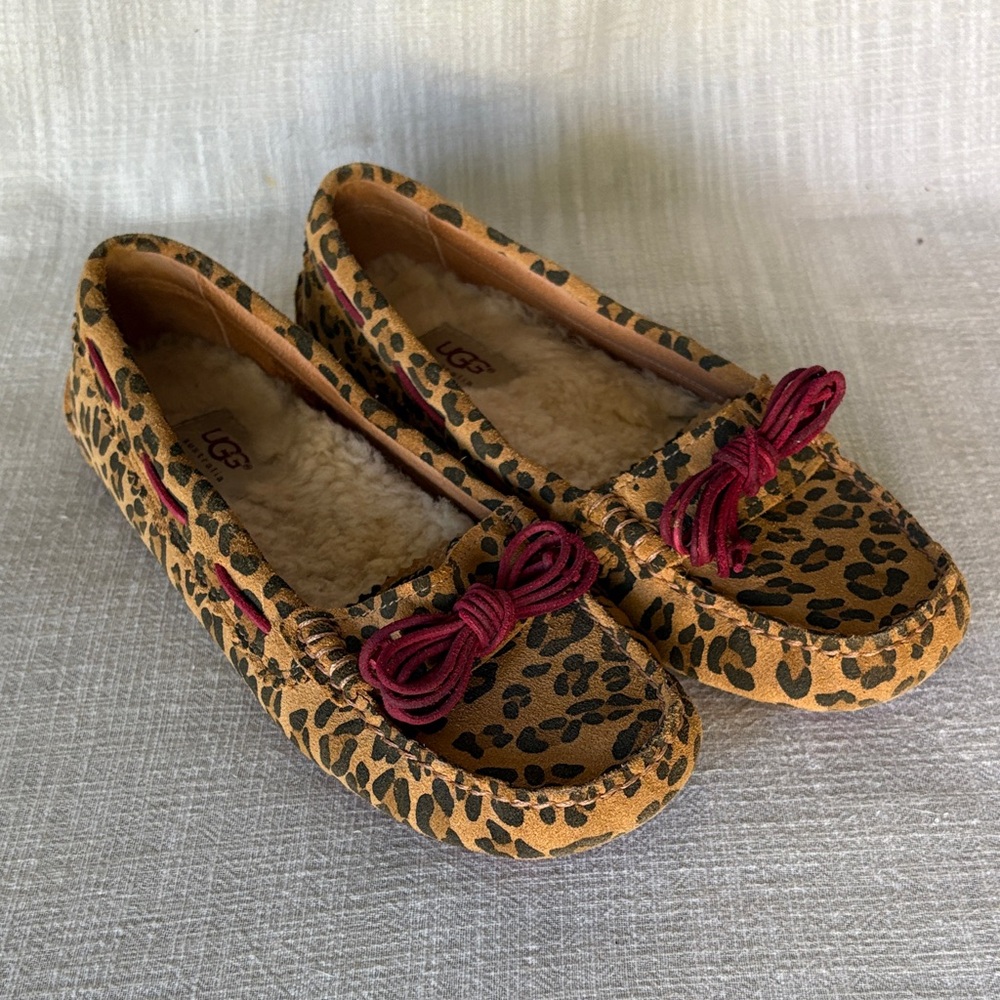 UGG Women's Leopard Suede Moccasin Slippers with Burgundy Bow